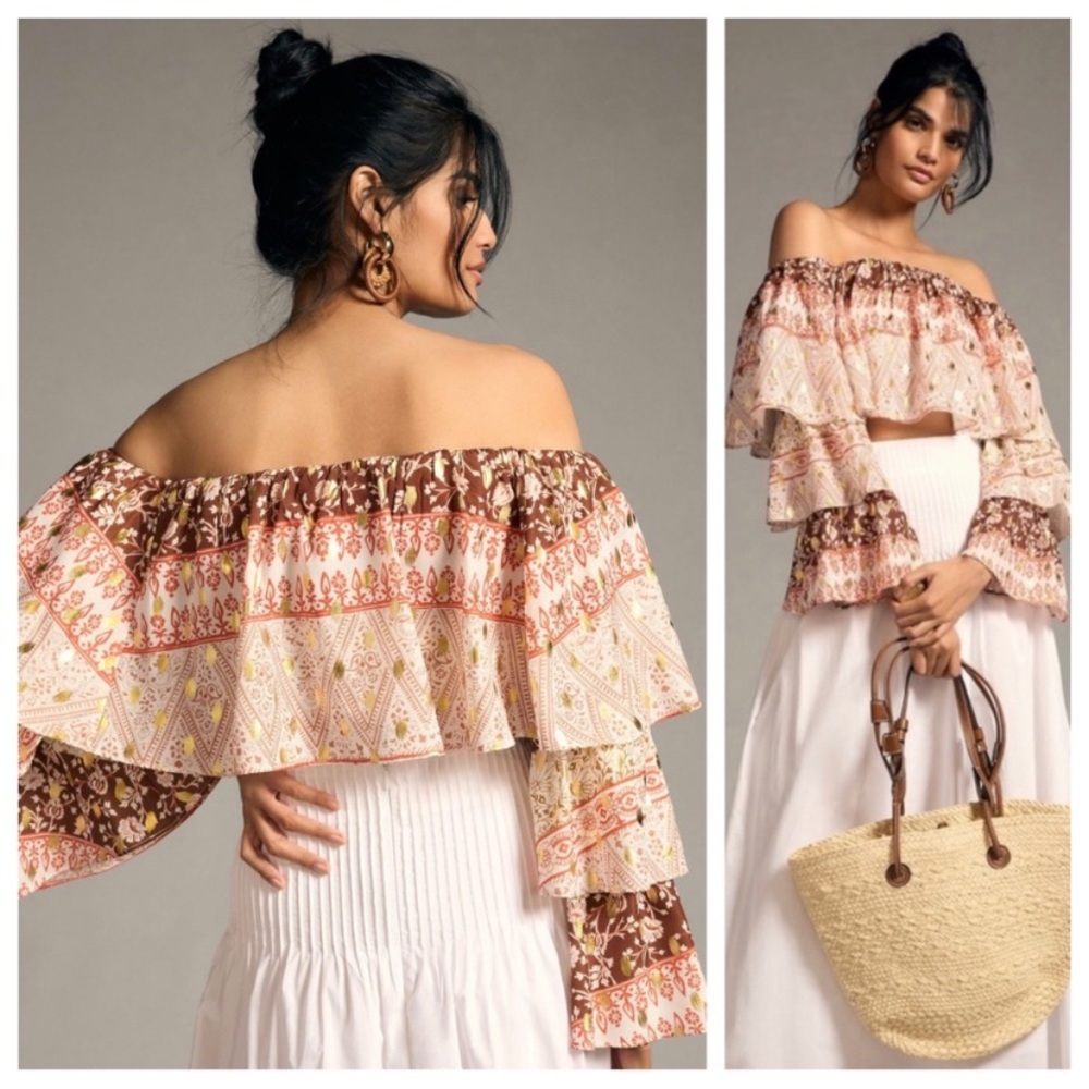NWT Mare Mare X Anthropologie Off The Shoulder Tiered Sleeve Top Size Small